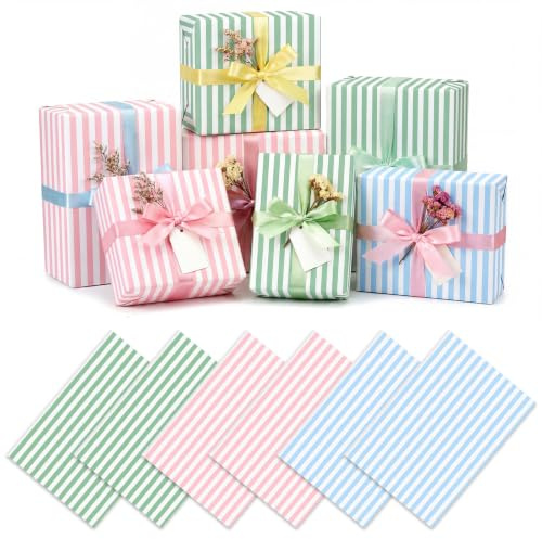 woric 6 Sheets Pastel Stripe Gift Wrapping Paper, 50x70cm Gift Wrap | Birthday Wrapping Paper for Birthday Weddings Party Decoration Crafts (Pink, Green, Blue)