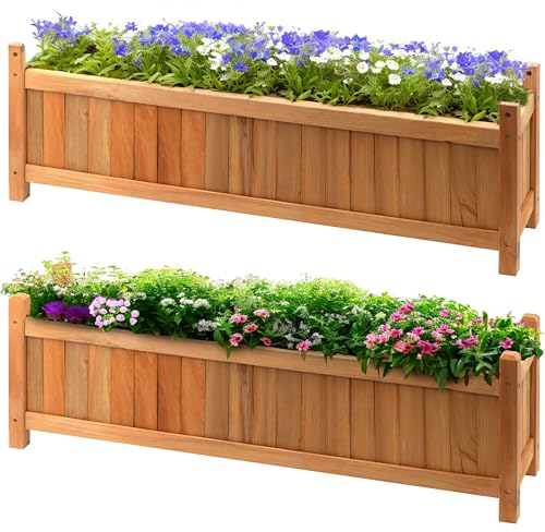 GEEZY 2x Wooden Rectangular Garden Planters & Flower Pots - Classic Large Raised Bed Baskets - Easy Assembly & Durable Wood Construction - Perfect for Patio, Balcony, or Backyard Gardening