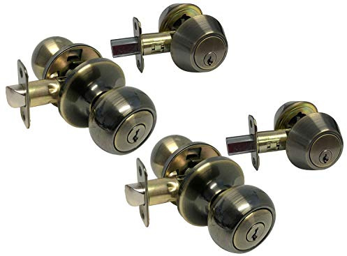 Antique Brass Entry Entrance Round Knob with Matching Double Cylinder (keyed on Both Sides) Deadbolt Pack Keyed Alike 5765AB (2 Set)