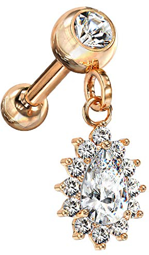 Piersando Piercing Stecker mit Glitzer Kristall Tropfen Anhänger Ohr Lippe Nasen Cartilage Tragus Helix Labret Nasenpiercing Rosegold Clear