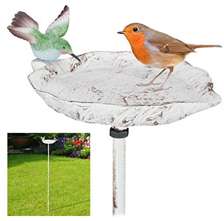 Relaxdays Gusseisen Vogeltränke zum Stecken, mit Erdspieß, Gartendeko, Vogelfutterstelle, Wasserschale 1m hoch, weiß