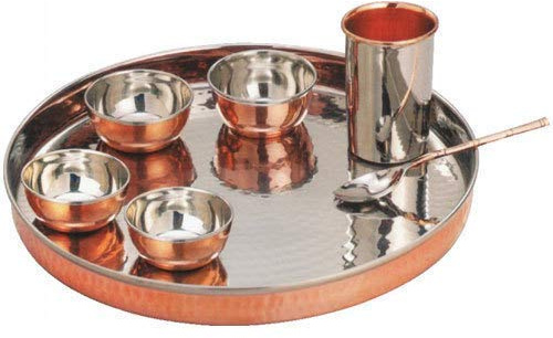 TreegoArt Copper Steel Copper Dinner Thali, Bowls, Spoon, Glass, Traditional Style 7 Piece Dinner Set | Thali Diameter 13 Inch
