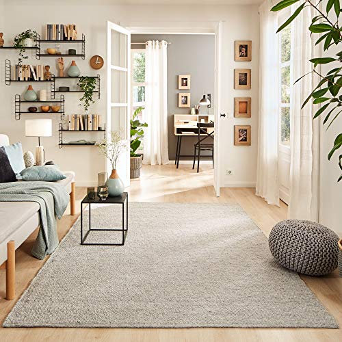 Steffensmeier Handweb Teppich Stillach | Wolle Schurwolle Neuseeland gewalkt, mit Fusselstopp Grau, handgewebt, Größe: 70x140 cm Wohnzimmer und Schlaf