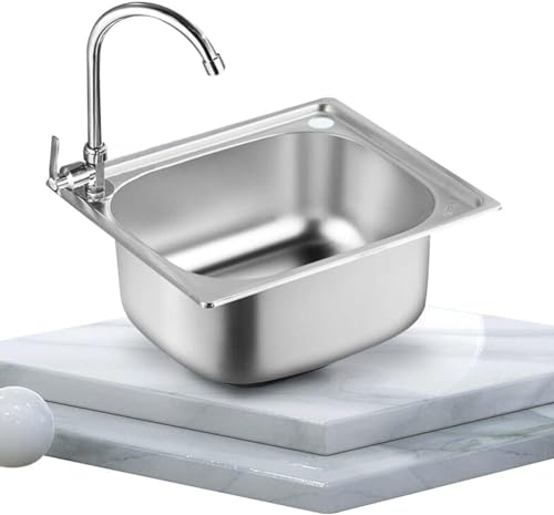 TAIYANYU Lavello da cucina piccolo, lavello in acciaio inox a ciotola singola, fondo e dispositivo di drenaggio incorporato, ribaltabile, con morsetto tubo di scarico