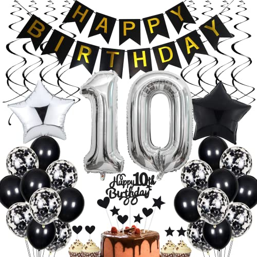 Geburtstag Schwarz Tortendeko für Junge und Mädchen, Black & White Party Deko, 10 Jahre