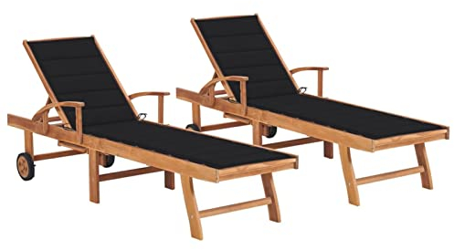 Chusui Sonnenliegen 2 STK. Gartenliege, Liegestuhl, Sonnenstuhl, Sonneninsel Outdoor, Liegen, Gartenmöbel, Bäderliege, Relaxliege, mit Schwarzen Auflagen,Massivholz Teak
