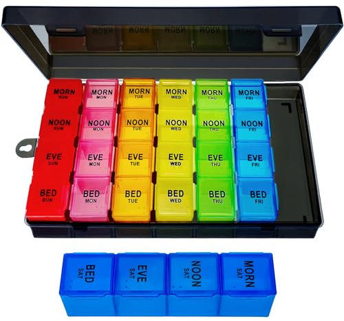 ZVZM Pill Box Organiser 7 Day 4 Times a Day, Extra Large Medication Organizer, Portable Dosset Box, Medicine Storage Box, Tablet Organiser with Dust-Proof Container for Pills/Fish Oil/Vitamin.