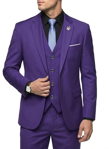 Hihawk Costume 3 pièces pour homme avec tissu extensible, coupe ajustée, ensemble blazer à un bouton, veste, gilet et pantalon avec cravate, violet intense, XX-Large