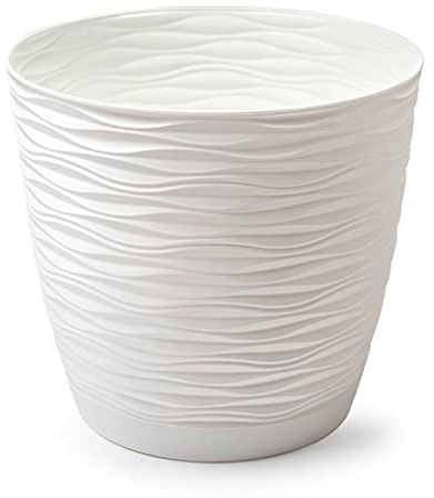 Acan Tradineur - Maceta Redonda con Plato - Diseño Wind (Ø 19 cm) - Fabricado en plástico - Ideal para jardín Exterior, terraza o balcón - Color Blanco Roto