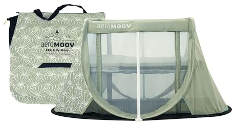 AeroMoov - Instant-Reisebett Baby - 2 Sekunden Aufbau - Superleicht und Kompakt - 2 Ebenen für Babys und Kleinkinder - Hochwertiger Matratze - Seashell Olive