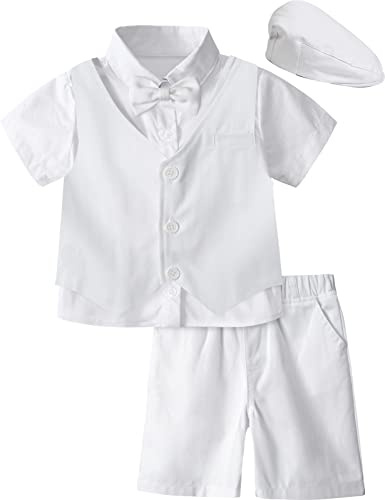 A&J DESIGN Baptism Outfits for Boys Christening Wedding Formal Dedication Blessing White Suit with Newsboy Cap 4-5T