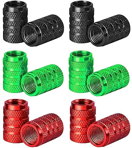 WUDQIJI Reifenventilkappen Ventilkappen Aluminium Auto Ventilkappen 12 STK | Luftdichte Ventilkappen universelle Ventilkappen für Auto Motorbike Trucks Fahrrad Motorrad(Schwarz Grün Rot)