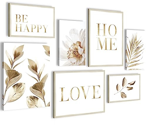 Novart Wandbilder Boho Blätter - KOMPLETT AUFHÄNGFERTIG - Home Wohnzimmer Schlafzimmer - 7 Moderne Mood-Bilder - N021571a