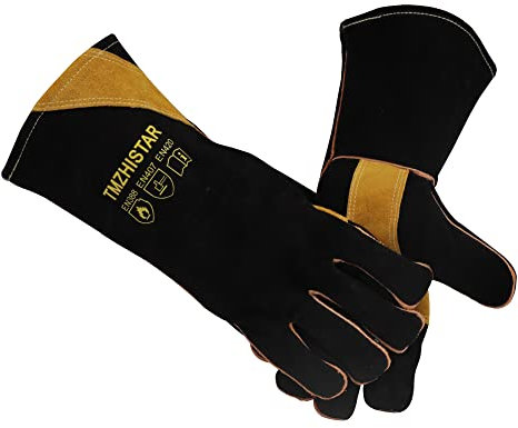 TMSHISTAR Gants Anti Chaleur de Barbecue en Cuir Gants Soudure Doublure de Papier d'aluminium pour La Soudure, La Cheminée, Le Four, La Cuisson 14inch