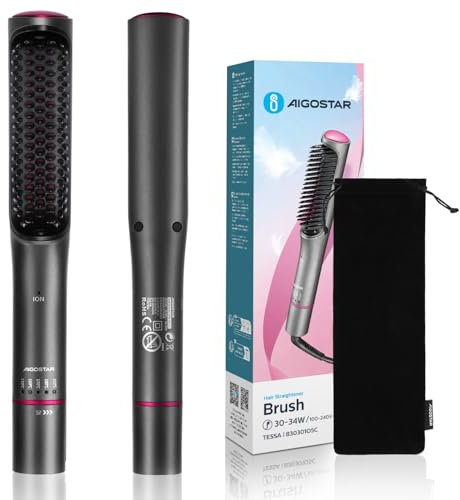 Aigostar Spazzola Lisciante Capelli Professionale Ionica, Piastra con Pettine Incorporato, 5 Temperature (130-210°C), Tecnologia a Infrarossi, Riscaldamento Rapido, Antiscottatura, Leggera - Tessa