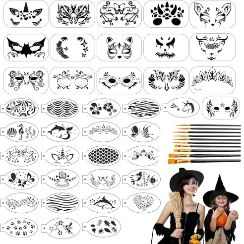 50 Stück Gesichtsmalerei Schablonen Set, wiederverwendbare Gesichtsmalerei Schablonen Temporäre Tattoos Körper Malerei Schablonen mit 10 Zeichnung Stifte für Halloween Urlaub Party Make-up