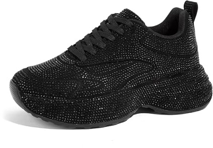 LUCKY STEP Rhinestone Chunky Sneakers for Women Fashion Platform Sparkly Dad Casual Shoes Lightweight Tennis Walking Sport Footwear(Black,8.5)