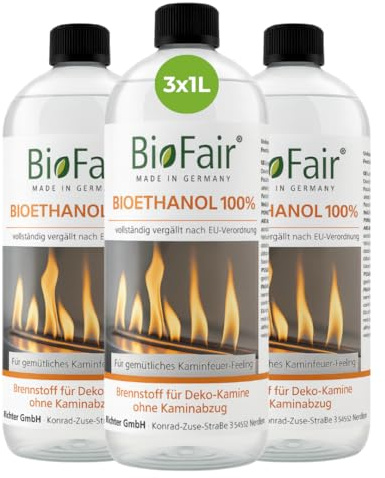 BioFair Bioethanol 100%, 3 x 1L Flasche Für Ethanolkamin, Bioethanolkamin | Für Gartenfackel, Innen & Außen, Geruchs- & Rußfrei, Hochreines Bio Ethanol