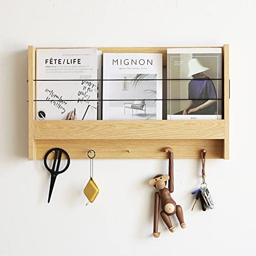 GLFNB Zeitschriftenständer aus Eiche/Walnuss mit 5 Haken, an der Wand montierter Zeitschriftenhalter, dekorative Aufbewahrungskörbe aus Holz, Bücheraufbewahrungsständer und Regale (Farbe: Eiche)