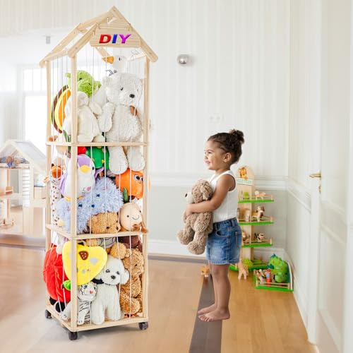 Kuscheltier Aufbewahrung Stofftier Turm Holz Aufbewahrung für Plüschtiere | Stofftier Aufbewahrung Mit 360°Bremse-Ausgestattete Räder,150 * 40 * 40cm für Schlafzimmer, Spielzimmer, Wohnzimmer usw