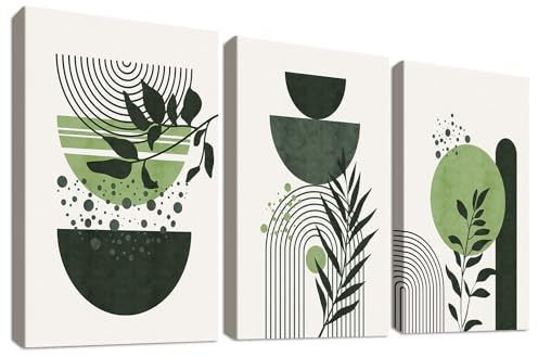 3 st träramade salviagröna boho-canvastavlor Canvastryck Minimalistisk geometrisk linje Blad Sol Måne Målning Bild för vardagsrum Sovrum Hall Hemväggdekoration 90x40cm (12”x16”x3st)