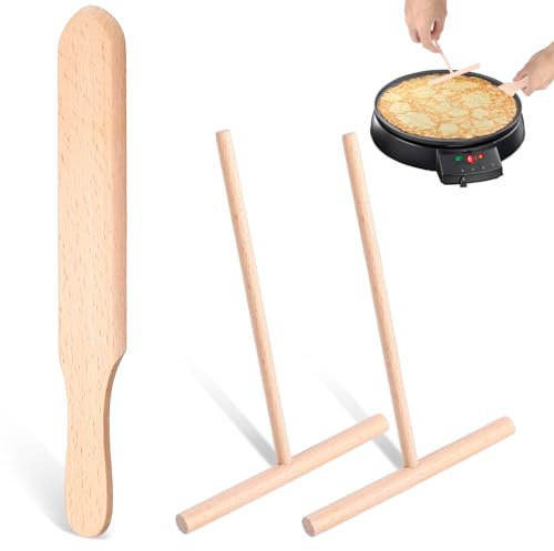 JIEYAO Juego de 3 espátulas y esparcidor de crepes de madera natural, espátula para crepes en forma de T, esparcidor de crepes, sartén para crepes, accesorios para crepes
