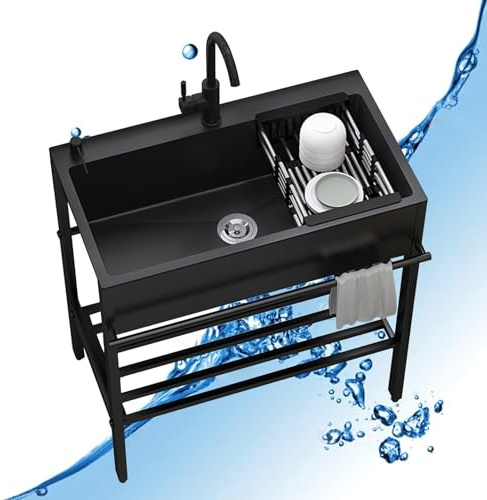 Freistehende Edelstahl Spültisch,Mobiles Outdoor Küche Spüle Gastro 1 Becken,Werkstatt Waschbecken,Spülbecken Spülenschrank mit Spüle und Armatur,für Außen,Innen,Gewerbliche,Garten,Camping(68*45*86cm)