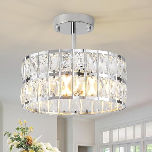 MSSIAN Silberner K9-Kristallkronleuchter Rund 30cm 4xG9 dimmbar Semi Flush Mount Deckenlampe für Esszimmer Eingang Küche Flur | Deckenlampe Silber Rund für Schlafzimmer, Küche, Esszimmer und Flur, ausgestattet mit K9-Kristallen und 4 × G9-Fassungen