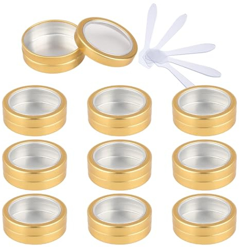 PQPAUTY 10 Pcs 15ml Empty Round Gold Aluminum Tins Cans Jars with Screw Lids Clear Window Candle Cans Jars Cosmetic Lip Balm Salve Craft Storage Containers DIY