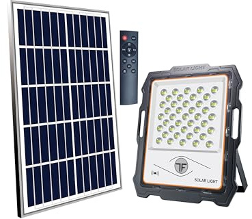 OPTEX ELECTRONIQUE Projecteur LED solaire rechargeable avec panneau déporté, télécommande et détecteur infra-rouge, 82 Leds, IP65, 1000 lumens