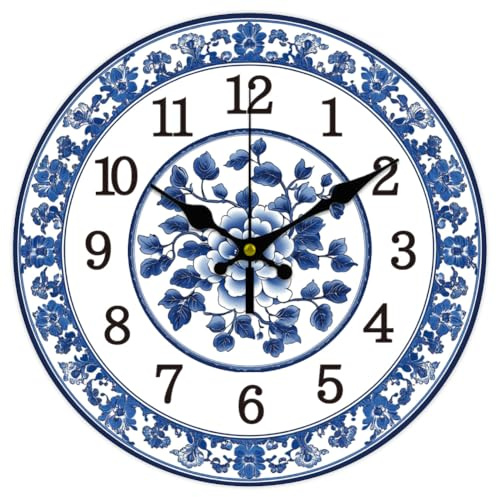 CHGCRAFT 30cm Wanduhr aus Blauem und Weißem Porzellan Muster Batteriebetriebene Wanduhr Stille Nicht Tickende Blumen Runde Dekorative Uhr für Büro Haus Küche Dekor