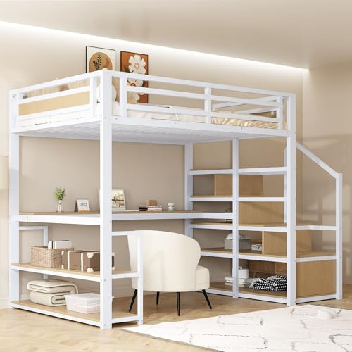HYUB Hochbett Mettalbett 140x200 cm mit Schreibtisch und Regalen, Etagenbett mit Treppe und Stauraum, Stauraumbett mit Rausfallschutz, Bett für Kinder und Jugendliche, Weiß