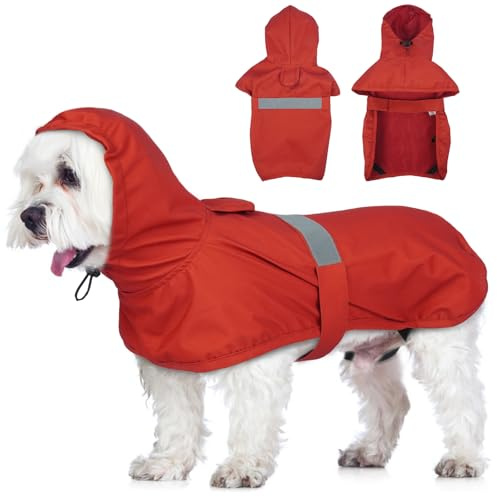 Lelepet Hund Regenmantel, wasserdichte Regenjacke für Mittelgroße Hunde, Hunderegenmantel mit Reflektierendem Streifen, Regencape mit Kapuze Verstellbar Winddicht (Rot, M)