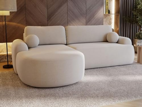 GRAINGOLD Aurio Ecksofa mit Schlaffunktion & Bettkasten 261x177 cm, L-Form Sofa mit Stauraum, Schlafcouch für Wohnzimmer, Bouclé-Stoff, 3-Sitzer Eckcouch, Modernes Design (Creme, Links)