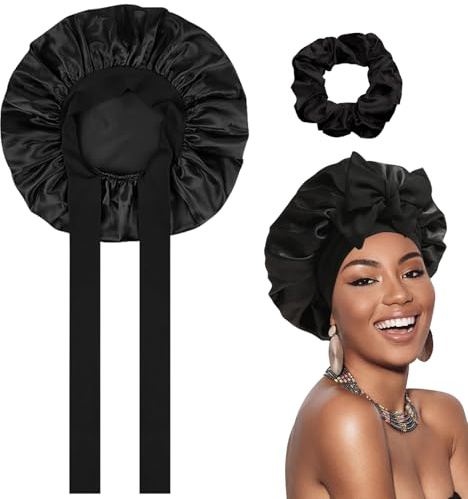 mobumeia Seidenhaube zum Schlafen, Satin Bonnet Nacht Schlafmütze, Verstellbare Schlafmütze, Silk Bonnet für Damen und Mädchen, für Geeignet, Schlafen, Haarschutz, zum Schminken (Schwarz)