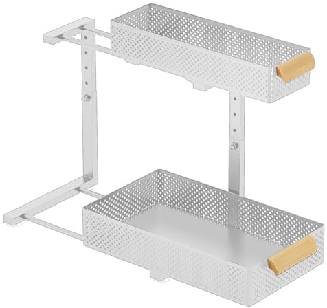 Spülschrank Organizer - 2 Etagen Metall Spülschrank Unter Waschbecken Regal - Höhenverstellbar Ausziehbares 41.5cm Küche Regal - Putzmittel Organizer für Schrank, Bad,Küche - Weiß
