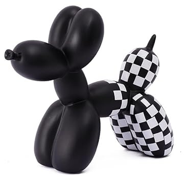 Schwarz-weiß karierter Ballon Hund Harz Skulptur Moderne dekorative Ornamente für TV-Ständer, Bar, Eingang oder Wohnzimmer, abstrakte Pop-Art-Stil-Tierstatue für zeitgenössische Dekoration
