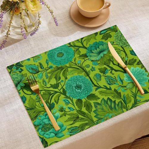 4 Pezzi Sottopiatti Fiori Esotici, Tovagliette Americane Lavabili, 45X30Cm Tovagliette Verde Smeraldo, Tovaglietta Piante William Morris In Lino, Adatto A Cucina Soggiorno Sala Da Pranzo