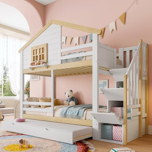 SUKY Letto a castello, 90 x 200 cm, bianco + naturale, rete letto estraibile, scaletta, finestra, listello