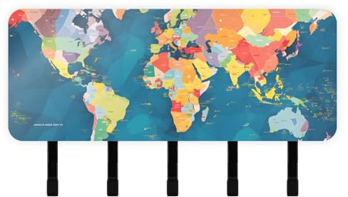 XYMZR Key Holder Element World Map for Wall Decorative, Wall Mounted Key Rack with 5 Key Hooks, Fashion Keys Hanger Organizer for Entryway Hallway Office Home Decor