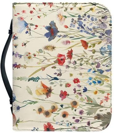 Bibel Hülle Tasche Blumen Große Pu-Leder Buchhülle Für Damen Und Herren, Vielseitige Buchschutz Mit Griff, Reißverschluss, Taschen Und Stiftfächern 25.9x4.6cm