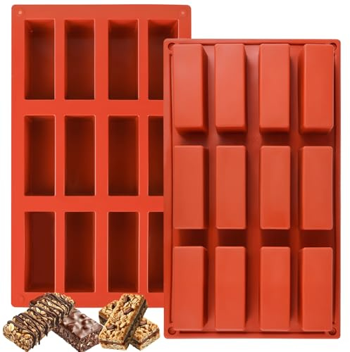 2PCS Granola Bar Molds, 12 Cavity Rectangle Energy Bar Mold Silicone Deep Mold for Baking Chocolate Energy Bars, Protein, Nutrition, Cereal Bars, Cheesecake