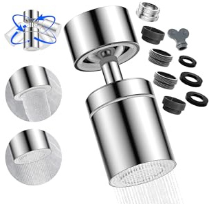 Doppelfunktions-360 ° drehbarer Wasserhahn-Aufsatz – Universal-Wasserbelüfter mit Verlängerung, für Küche und Badezimmer, 2-strahliger Wassersparender Luftsprudler und 4-lagiger Filtration (Silber)