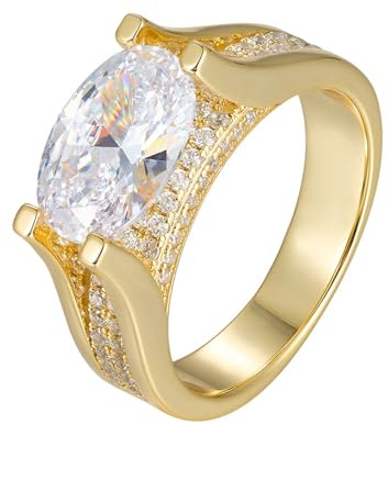 Stfery Partnerringe 9K Gelbgold Echt Gold Schmuck Damen, Cocktailring mit Moissanit in Ovalschliff Au375 Gr.62 (19.7)