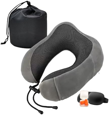 Mayeujds Nackenkissen Flugzeug, Memory Foam Reisekissen mit Verstellbarem Druckknopf, 360° Kopfstütze, Weicher Waschbarer Bezug, Inklusive Augenmaske & Ohrstöpsel & Tragetasche (grau)