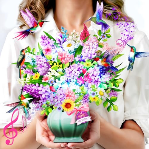 Geburtstagskarte für Frauen, 'Happy Birthday' Karte mit Musik und Licht | Hummingbird Oasis,10-Zoll-Blumenstrauß aus Forever-Blumen, 3D-Pop-up-Geburtstagskarte für Frauen, Mutter, Ehefrau, Tochter