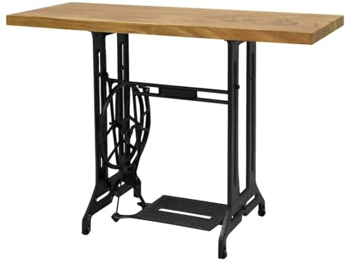 ROMHZKS Tavolo consolle per macchina da cucire, 110 × 40 × 75 cm, con base in ghisa e piano in legno d'uar massiccio, colore teak – tavolino versatile, scrivania o tavolo da toeletta