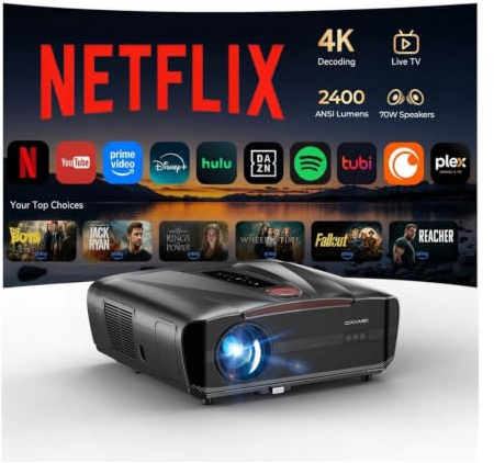 2400 ANSI Daylight 4K Projector Home Cinema with Netflix Certified, Dual 35W Dolby Audio, Auto Focus/Lens Shield, WiFi6 & BT 5.4, HDMI eARC CEC, AI-PQ Smart Outdoor Projectors for Garden BBQ Nights