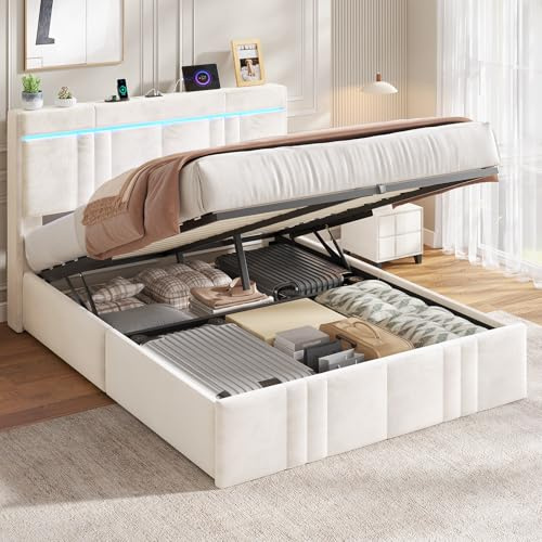 AOGLLATI Polsterbett 140×200 mit Stauraum Jugendbett 140×200 mit Steckdosen und LED-Beleuchtung, 30cm Hydraulischer Stauraum, Bettgestell mit Lattenrost aus Holz, Edler Samtstoff (Beige,140x200cm)