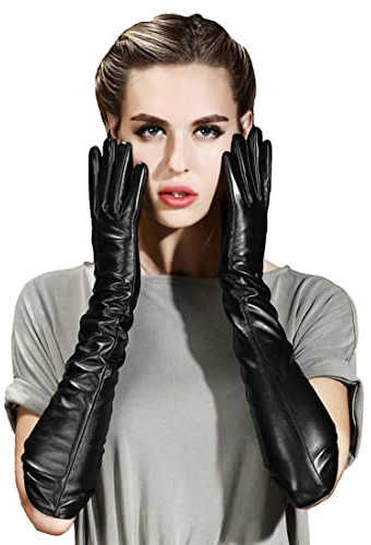 QECEPEI Damen lange Lederhandschuhe, Winter, Touchscreen-Oper, Abendkleid, Fahrerhandschuhe - Schwarz - Groß